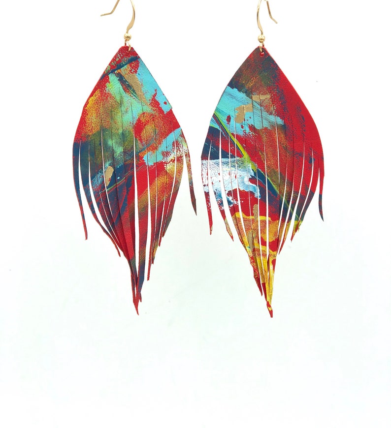 Unique one of a kind hand painted feather earrings lightweight statement earrings dangle earrings artistic earrings painted earrings leather