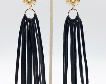 Leather tassel earrings leather fringe earrings black leather fringe earrings bumblebee earrings lightweight earrings tassel earrings