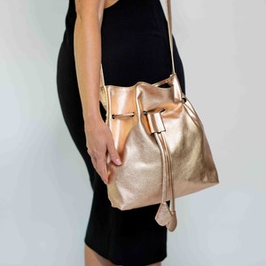 Rose gold bucket bag Leather bucket bag light brown bucket bag leather purse drawstring purse Italian leather purse image 2