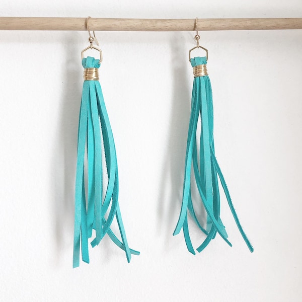 Leather fringe earrings leather tassel earrings turquoise fringe earrings leather jewelry leather fringe earrings lightweight earrings