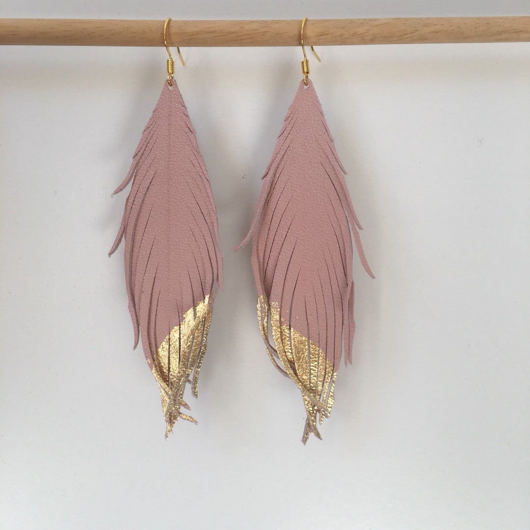 Leather Feather Earrings Soft Pink Blush Colored Leather - Etsy