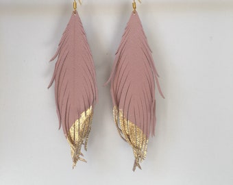 Leather feather earrings soft pink blush colored leather feathers with gold leaf edges lightweight leather feather earrings