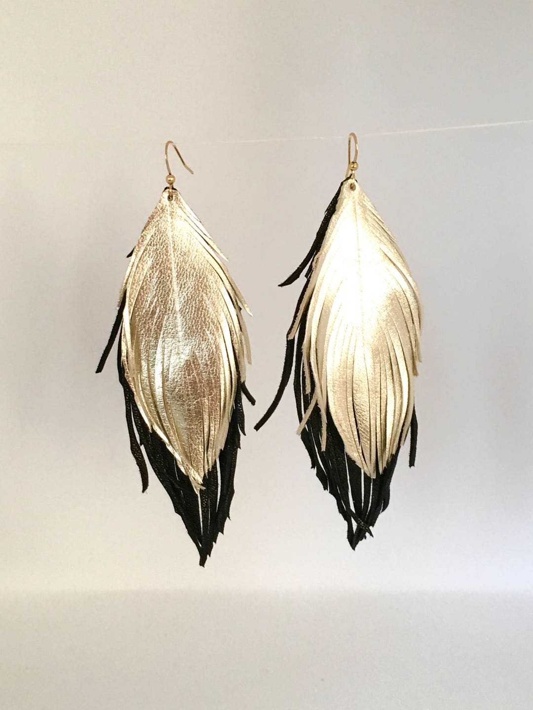 Leather Feather Earrings Black and Gold Double Leather Feather Earrings ...