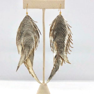 Leather feather earrings double gold feather earrings soft leather feather earrings leather earrings lightweight dangle earrings
