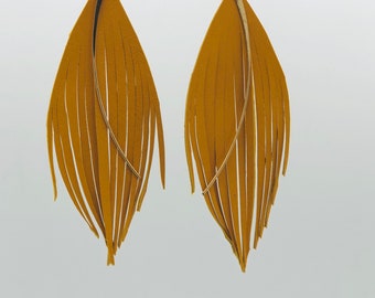 Mustard yellow genuine LEATHER feather earrings with lambskin soft leather feather earrings leather earrings lightweight dangle earrings