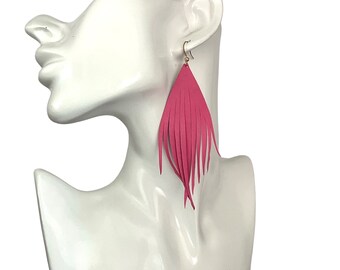 Pink Italian  leather feather earrings lightweight earrings fun earrings Spring earrings