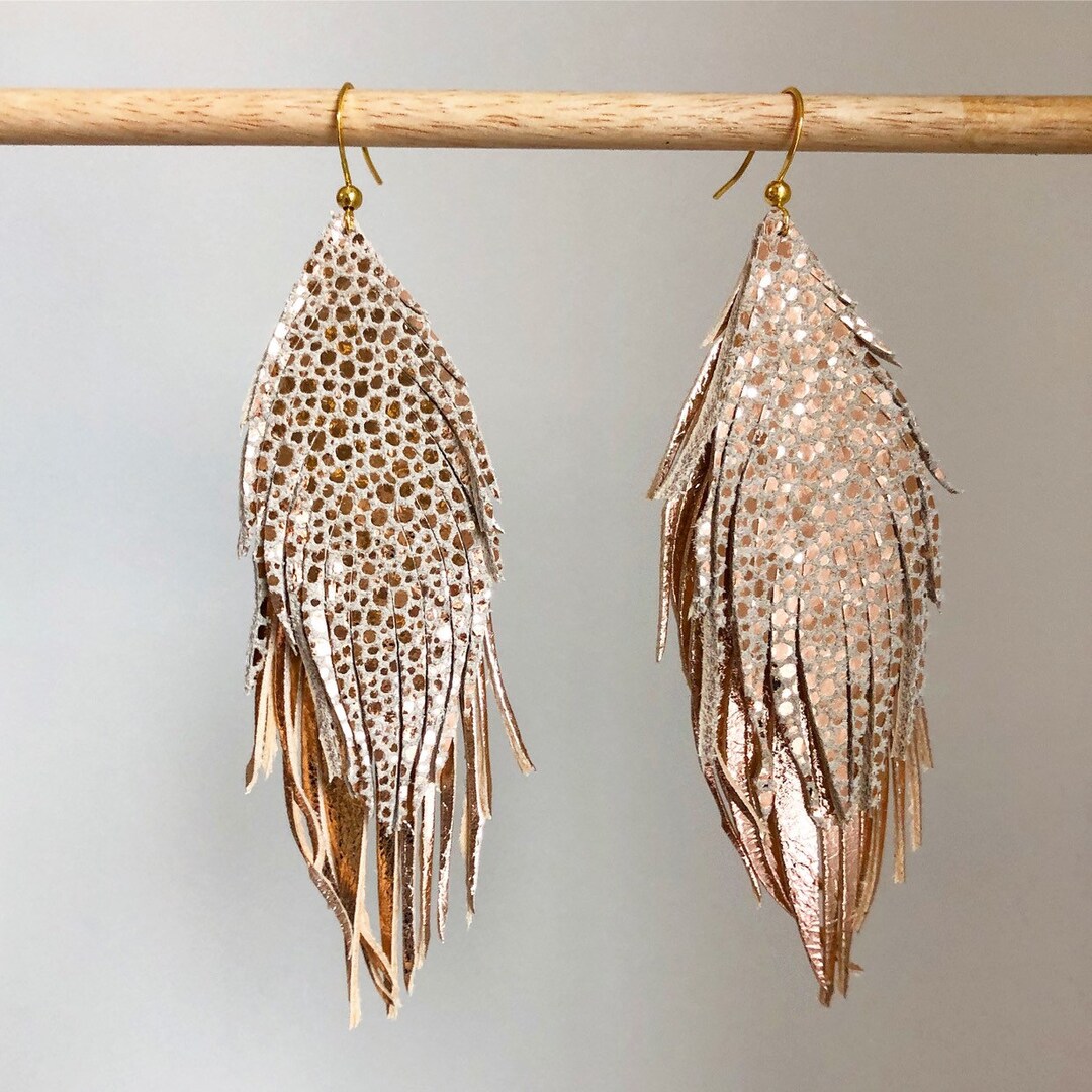 DOUBLE Genuine ITALIAN LEATHER Gold Feather Earrings Soft Leather ...
