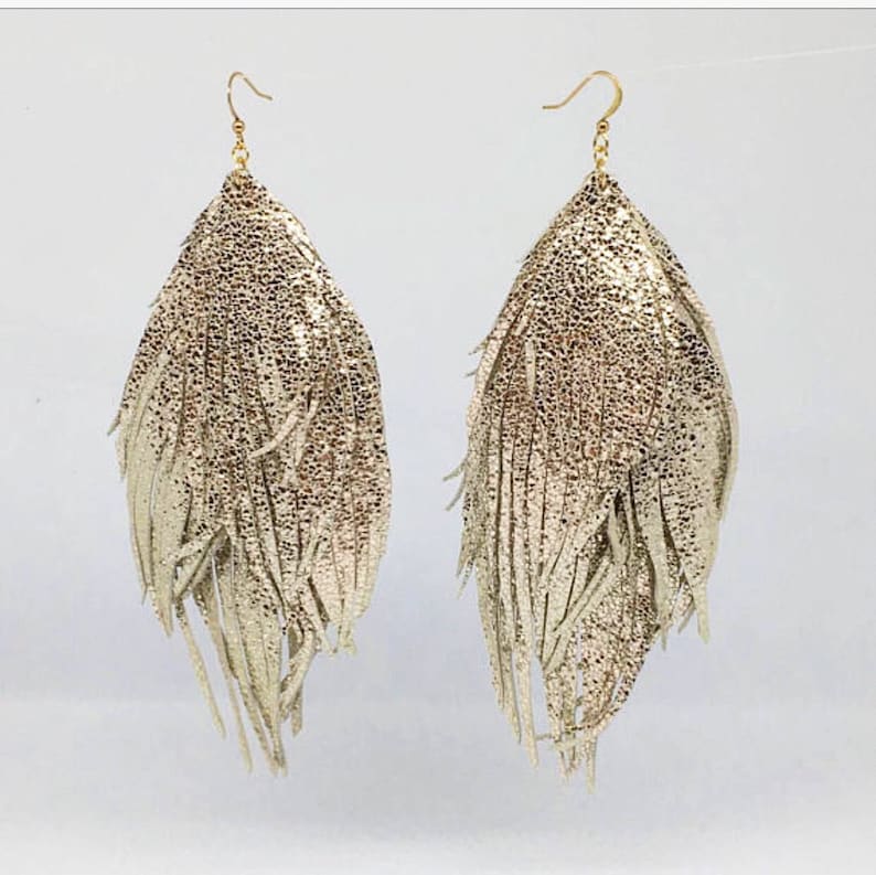 Leather feather earrings Champagne gold leather feather earrings large feather earrings genuine LEATHER feather earrings