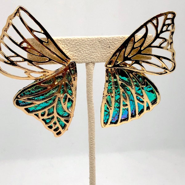 Leather butterfy earrings statement butterfly wing earrings leather and gold large butterfly earrings hologram leather earrings