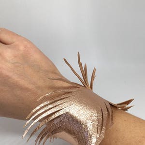 Rose gold leather feather wrap cuff wide leather cuff leather bracelet rose gold leather bracelet leather feather cuff soft leather cuff image 4