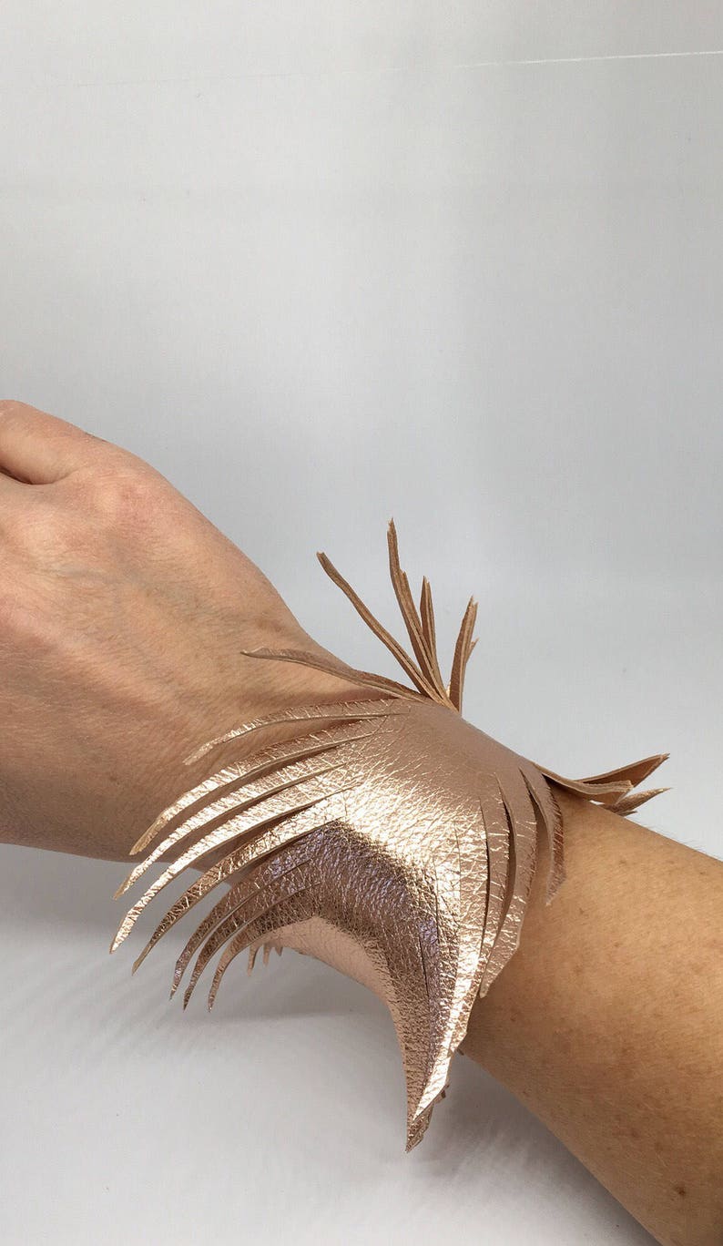 Rose gold leather feather wrap cuff wide leather cuff leather bracelet rose gold leather bracelet leather feather cuff soft leather cuff image 4