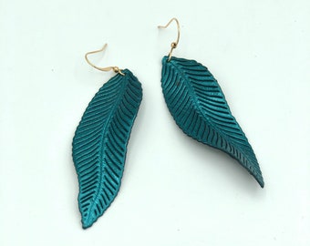 Lightweight leather leaflet earrings Italian leather earrings teal earrings