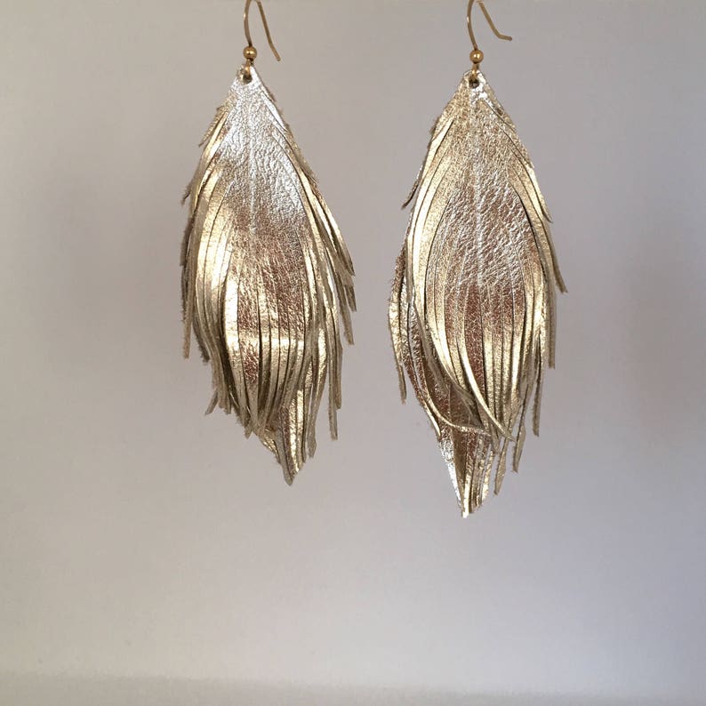 Leather Feather Earrings Double Gold Feather Earrings Soft - Etsy