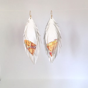 White leather feather earrings double leather feather earrings with variegated gold, copper and bronze leaf tips leather feather earrings