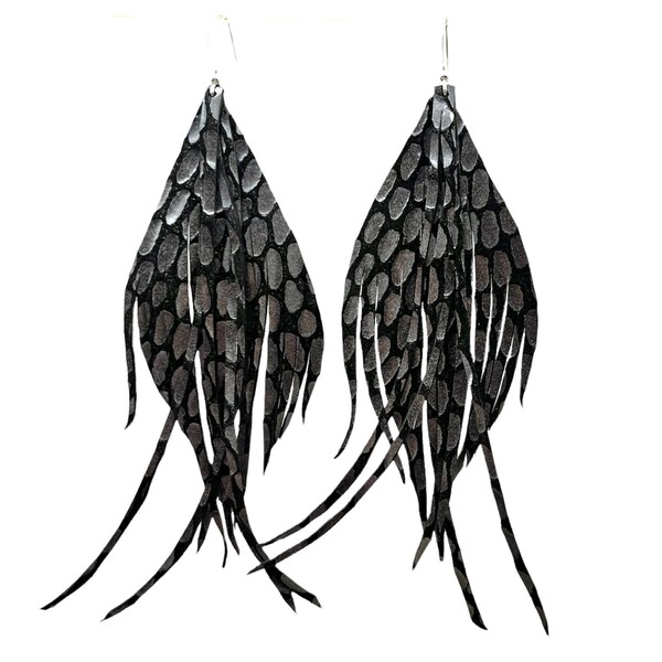 Anthracite earrings leather Earrings feather and fringe soft leather feather earrings leather earrings gun metal earrings