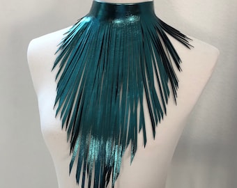 Leather fringe necklace leather fringe choker teal leather choker leather fringe tassel necklace statement necklace long necklace