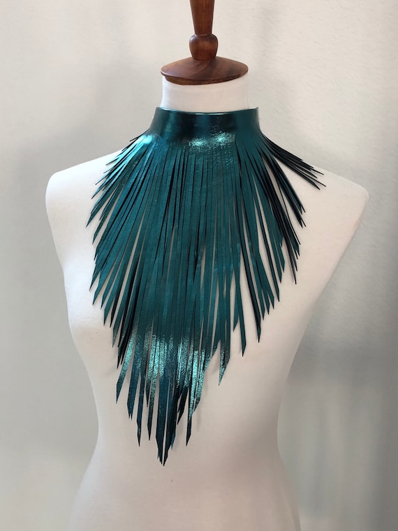 Leather Fringe Necklace Leather Fringe Choker Teal Leather Choker