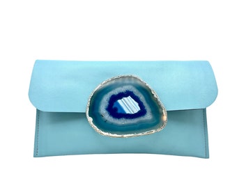 One of a kind leather and geode clutch statement clutch Italian clutch turquoise purse natural stone bag