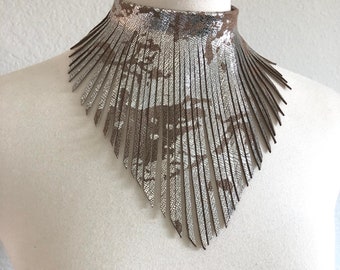 Leather fringe necklace leather fringe choker metallic silver and taupe leather choker leather fringe tassel necklace statement necklace