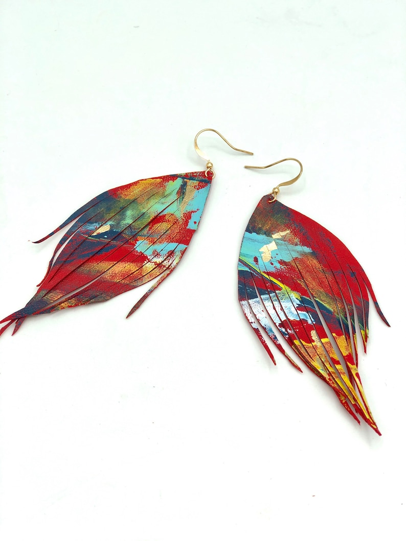 Unique one of a kind hand painted feather earrings lightweight statement earrings dangle earrings artistic earrings painted earrings leather