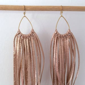 Rose gold ITALIAN leather fringe earrings leather tassel earrings leather jewelry leather fringe earrings
