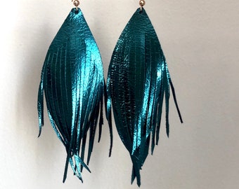 Leather feather earrings double gold feather earrings soft leather feather earrings leather earrings teal earrings