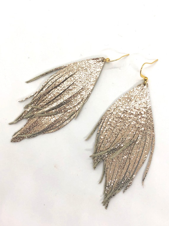 Leather Feather Earrings Double Gold Feather Earrings Soft Leather
