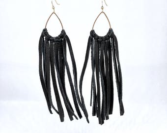 Leather feather earrings Black leather fringe earrings leather tassel earrings leather jewelry leather fringe earrings