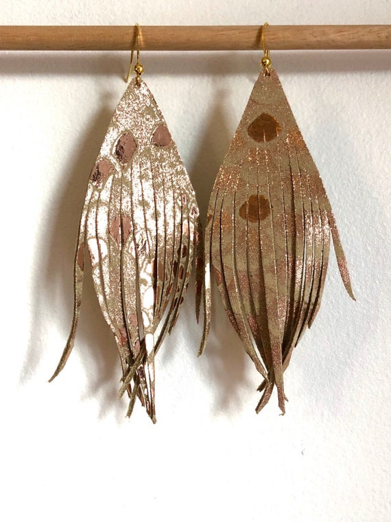 Leather Feather Earrings ROSE GOLD Feather Earrings Leather - Etsy
