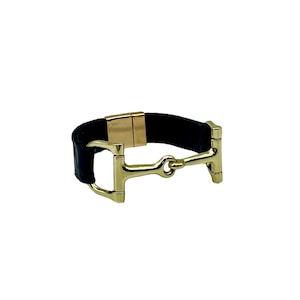 Bracciale in pelle con morso per cavallo equestre, bracciale con morso per cavallo nero, bracciale con filetto in oro, regalo per amante del cavallo, braccialetto in pelle intrecciata