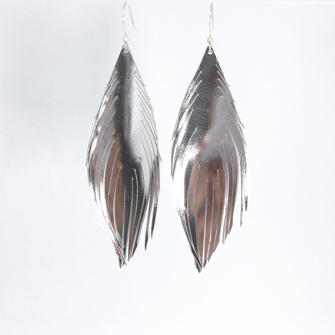 Metallic Silver Leather Feather Earrings Mirror Feather - Etsy