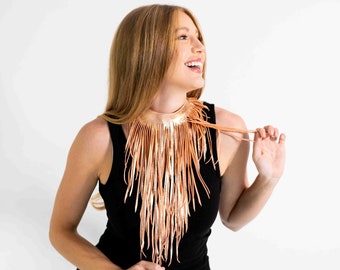 Leather fringe necklace leather fringe choker rose gold leather choker leather fringe tassel necklace statement necklace long necklace