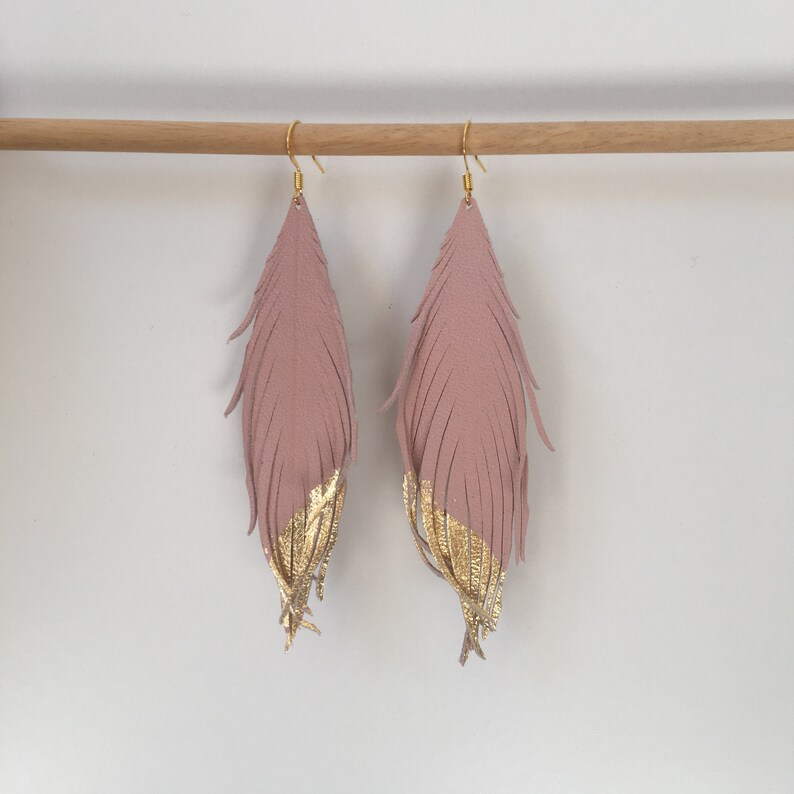 Leather feather earrings soft pink blush colored leather Etsy