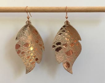 Rose gold genuine LEATHER drop earrings metallic leather earrings lightweight dangle earrings leather teardrop earrings