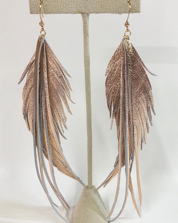 Leather Feather Earrings ROSE GOLD Feather Earrings Leather