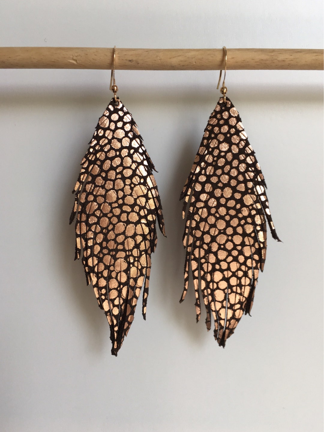 Leather Feather Earrings Rose Gold Crackle LEATHER Feather - Etsy