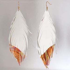 Leather feather earrings White LEATHER feather earrings with variegated gold, copper and bronze leaf tips leather feather earrings