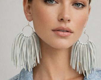 White ITALIAN leather fringe earrings leather tassel earrings leather jewelry leather fringe earrings bohemian earrings