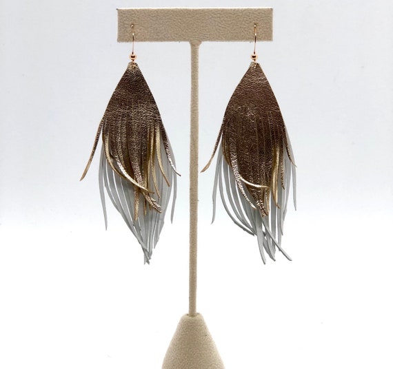 Leather Feather Earrings White and Gold Double Leather Feather
