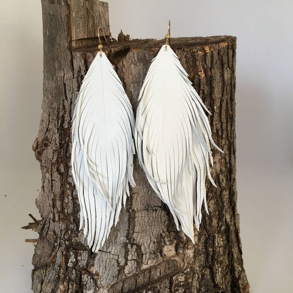 White lambskin double leather feather earrings soft leather feather earrings leather earrings lightweight dangle earrings