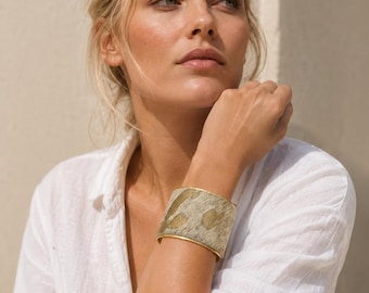 LEATHER metallic gold wrap cuff wide leather cuff leather bracelet gold leather bracelet leather cuff hair on leather brass cuff bracelet