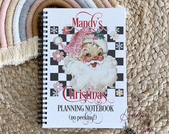 Personalised Christmas planning notebook, printed vintage Santa notebook, retro Christmas Santa gift, lined notebook, spiral bound notebook