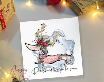 Custom Dachshund Christmas card, sausage dog Christmas card, funny Christmas card, 6x6" linen effect Christmas card