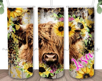 Personalised Insulated 20z drinks tumbler, stainless steel for hot or cold with removable hard plastic straw, highland cow, boho chic