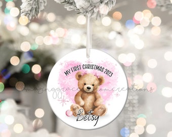 My first Christmas 2023 ornament, babies 1st Christmas, 1st Christmas keepsake,  ceramic Christmas tree ornament, pink or blue option