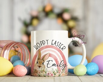 Personalised Hoppy Easter mug, Easter mug and matching coaster, pastel rainbow and bunny mug, Easter bunny mug, Easter gift for daughter