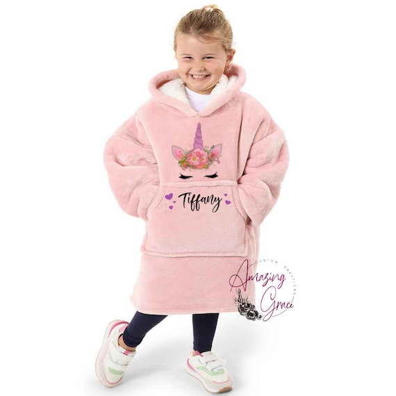 KIDS Customised oversize snuggle hoody, wearable blanket, blanket hoodie,  unicorn theme, personalised gift, personalised hoodie