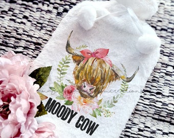 Highland cow theme Hot water bottle with plush cover - MOODY COW - customised hottie cover and bottle - gift for highland cow lover