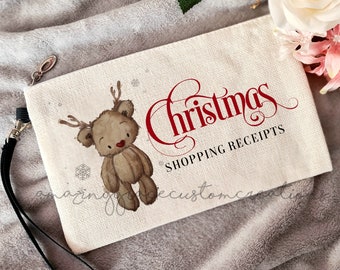 Christmas shopping receipt zip up linen feel pouch with detachable handle, Gingerbread design shopping receipts zip up receipts holder