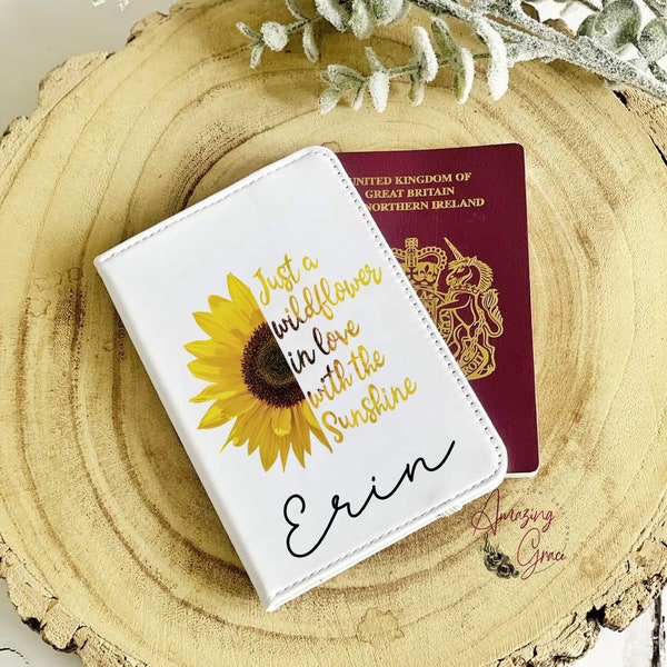 Personalised passport cover, Wildflower sunshine passport cover, personalised luggage tag, personalised travel set, sunflower travel set